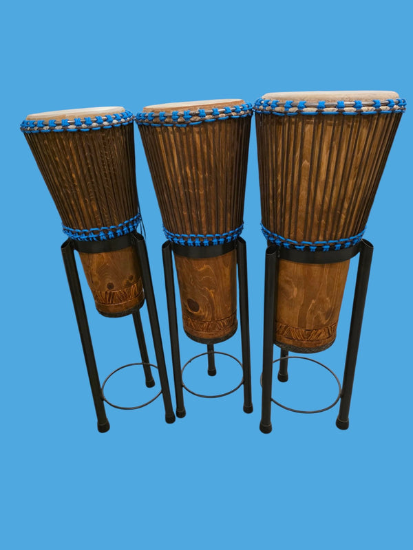 3 Pine Bougarabous with Calfskin Heads + Stands